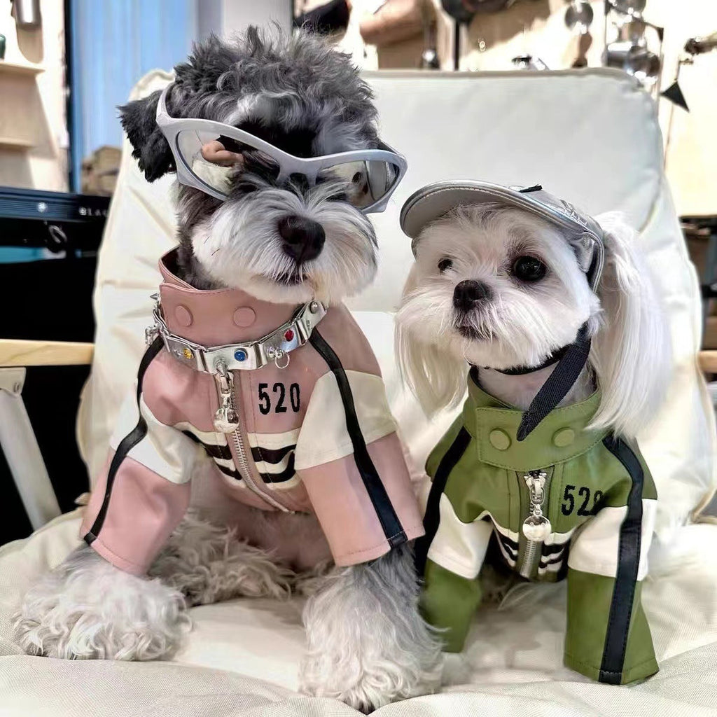 Dog Motorcycle Jacket | PU Leather Pet Coat | Green & Pink
