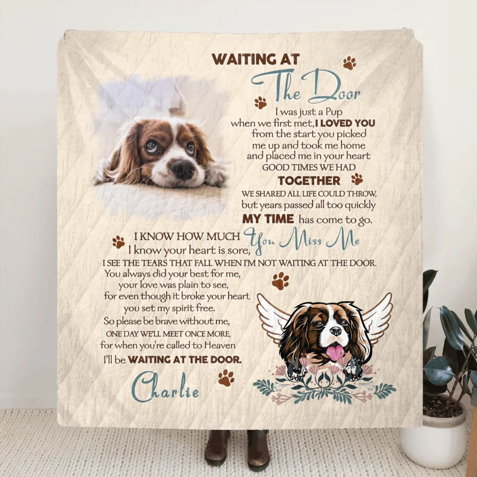Personalized Memorial Quilt/Fleece Throw Blanket - Memorial Gift Idea For Dog Lover - Waiting At The Door